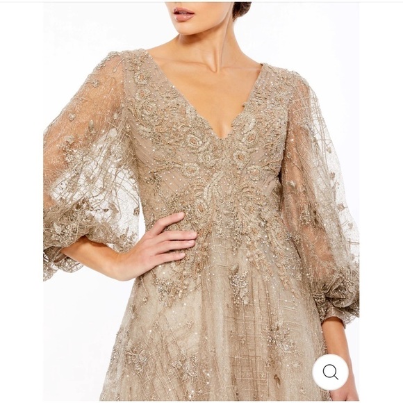 Mac Duggal EMBELLISHED PLUNGE NECK PUFF SLEEVE A LINE GOWN size 10 $798 Mocha - Picture 4 of 12